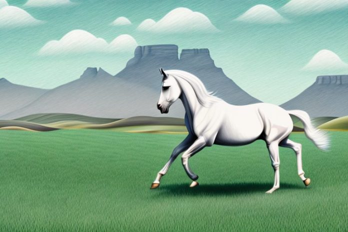 An arabian horse galloping through a landscape of rolling hills and fields in george
