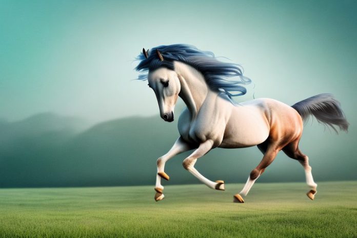 An arabian horse galloping through a rural landscape