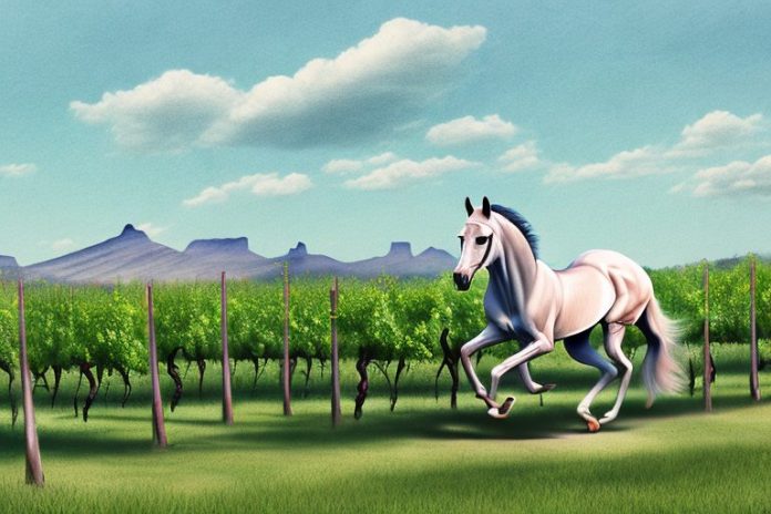 An arabian horse galloping through a vineyard in stellenbosch
