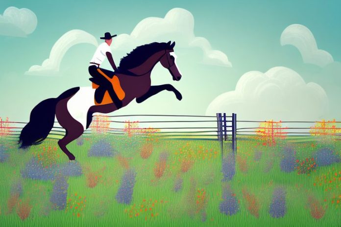 A horse and rider jumping a fence in a field of wildflowers