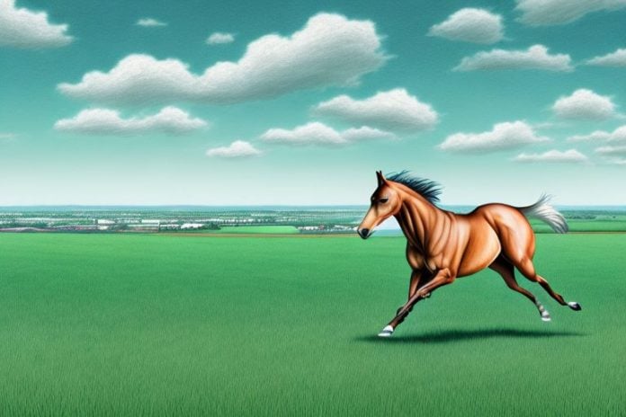 A thoroughbred horse galloping in a field with a view of richards bay in the background