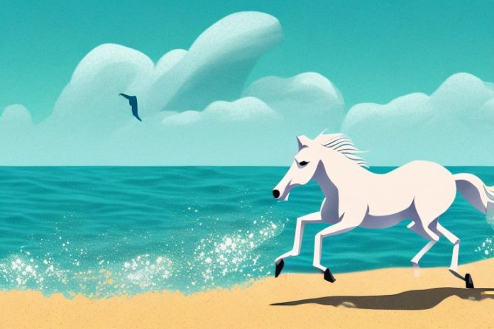 A horse galloping on a beach