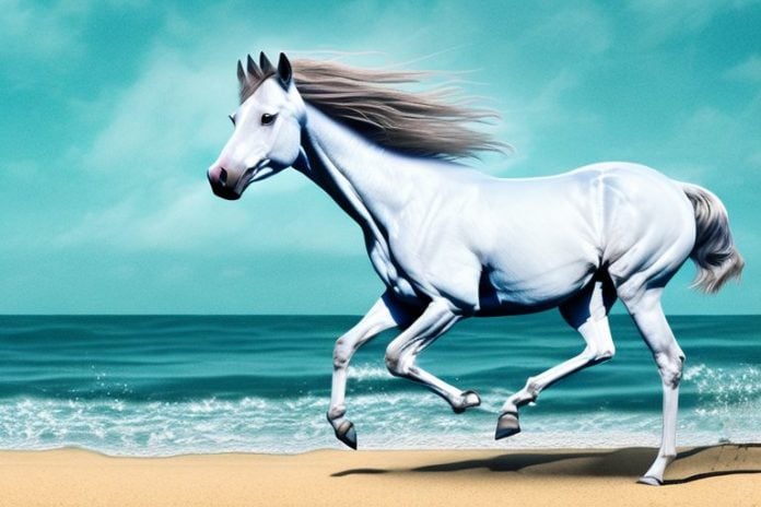 A thoroughbred horse galloping along a beach in amanzimtoti