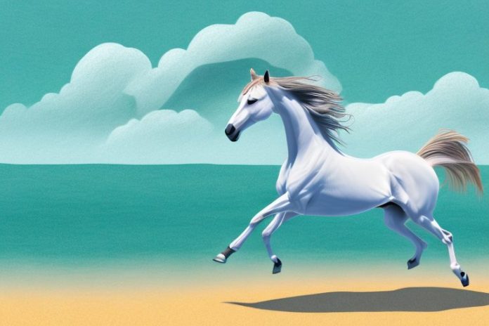 A thoroughbred horse galloping through a beach landscape in margate