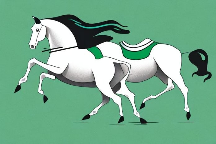 A horse and rider galloping across a grassy field in empangeni