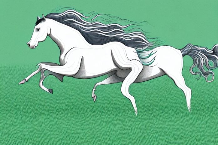 A horse galloping through a grassy field in westville