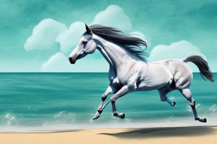 A thoroughbred horse galloping through a beach landscape in umhlanga