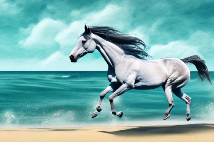 A thoroughbred horse galloping through a beach landscape in ballito