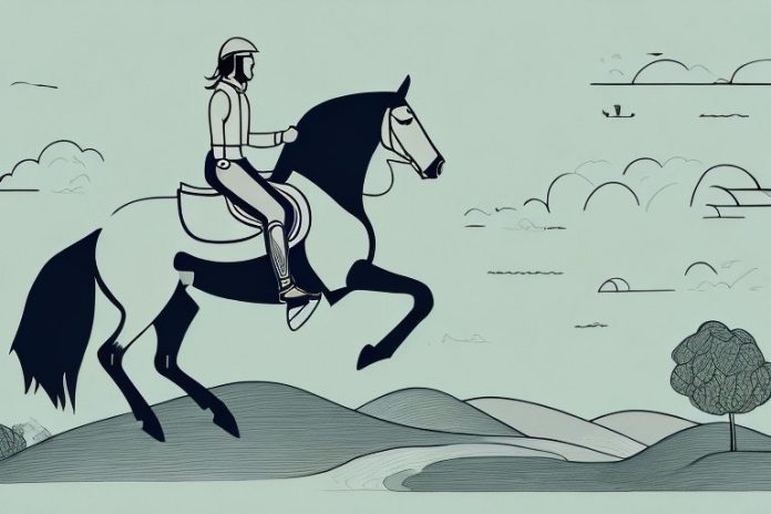 A horse and rider galloping through a countryside landscape