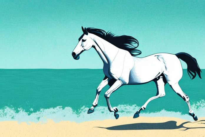 A thoroughbred horse galloping along a beach in jeffreys bay