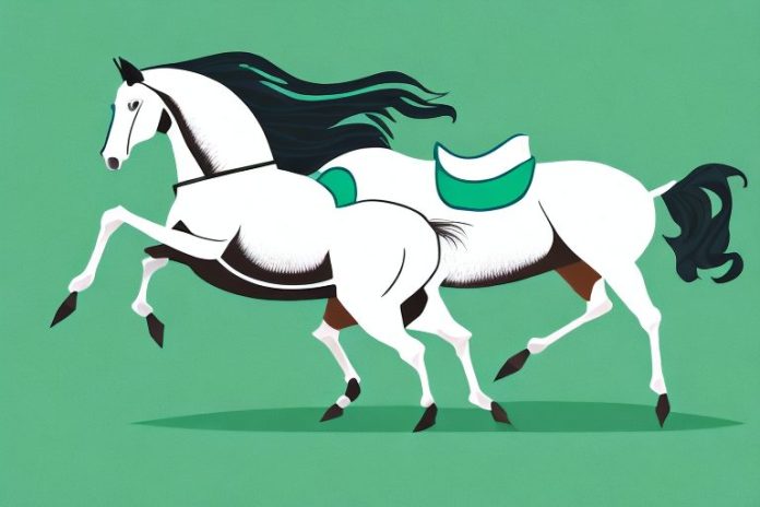 A horse and rider galloping across a grassy field