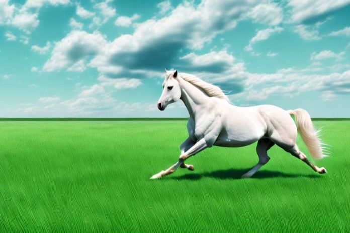 A horse galloping through a grassy field in parys