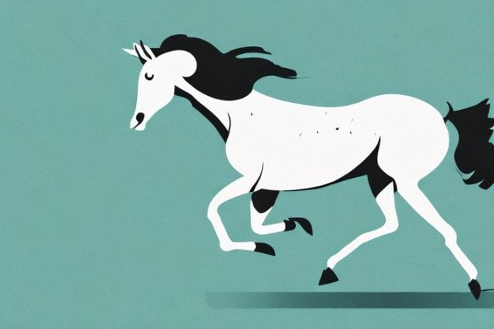 A thoroughbred horse galloping through a rural landscape