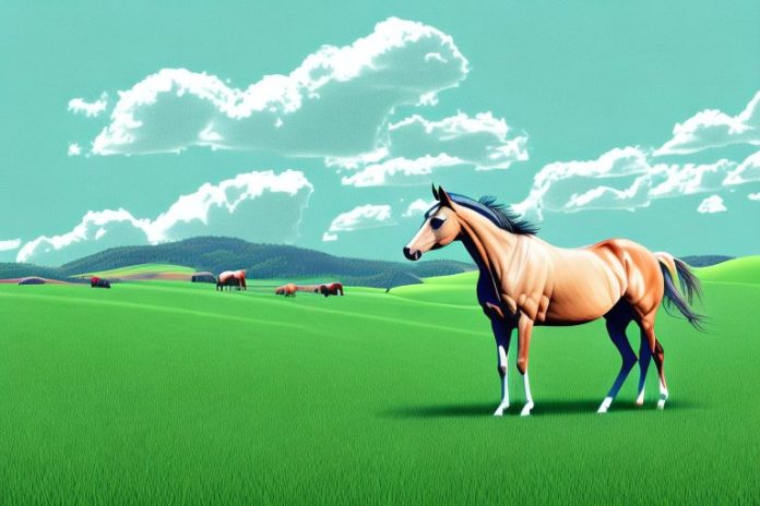 A thoroughbred horse in a field with rolling hills in the background