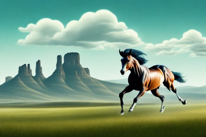A thoroughbred horse galloping through a rural landscape