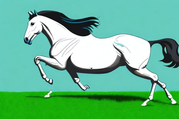 A thoroughbred horse galloping across a grassy field in the east rand