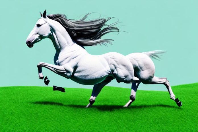 A thoroughbred horse galloping through a grassy landscape in roodepoort