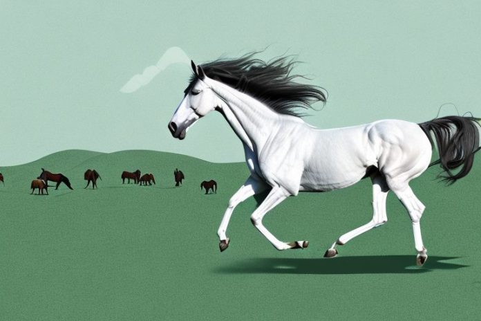 A thoroughbred horse galloping through a rural landscape in limpopo