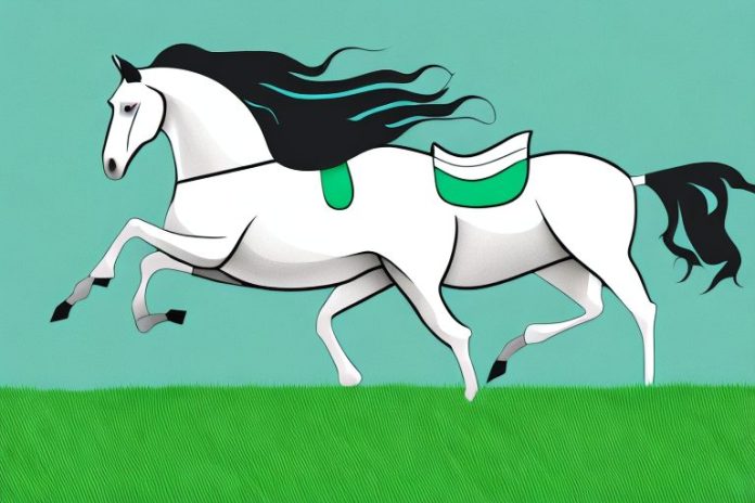 A horse and rider galloping through a grassy field