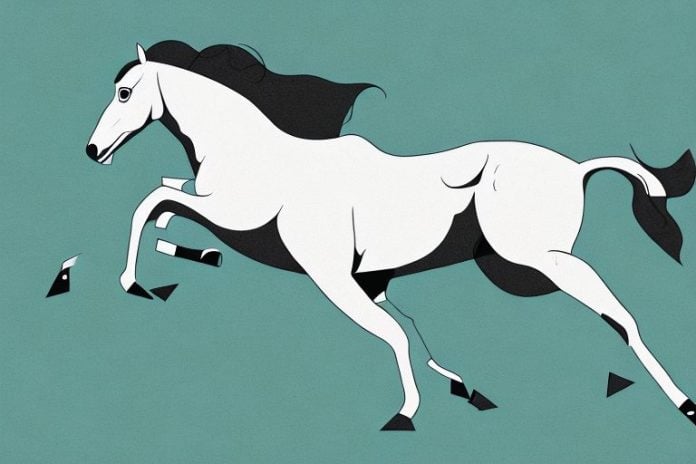 A thoroughbred horse galloping in a rural landscape
