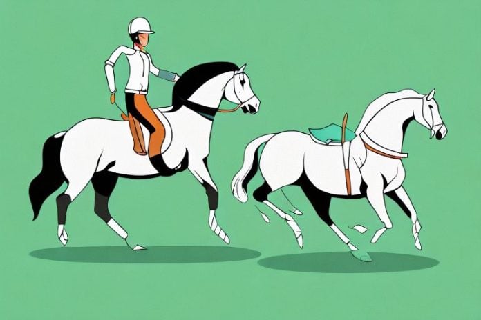 A horse and rider galloping across a grassy field in musina