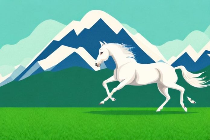A thoroughbred horse galloping across a grassy landscape with mountains in the background