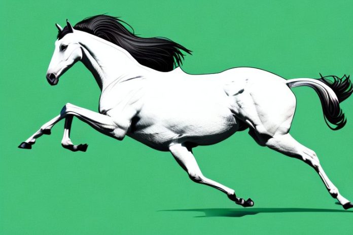 A thoroughbred horse galloping through a grassy landscape