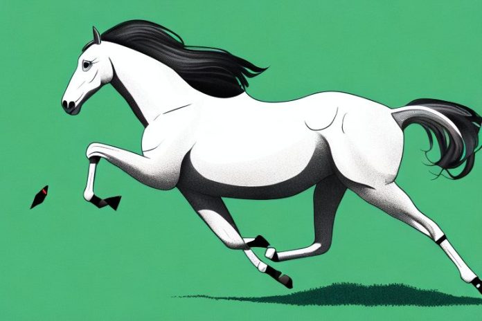 A thoroughbred horse galloping through a grassy landscape