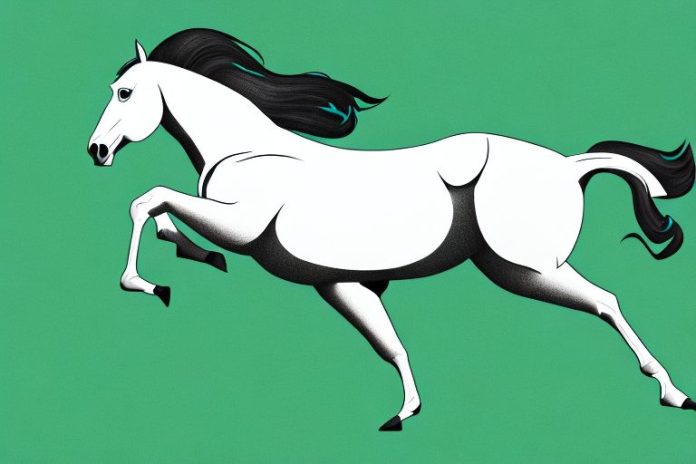 A thoroughbred horse galloping through a grassy field
