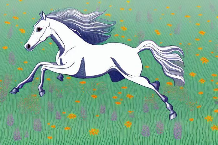 A thoroughbred horse galloping through a field of wildflowers