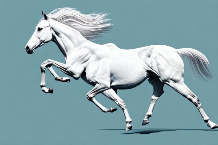 A thoroughbred horse galloping through a white river landscape