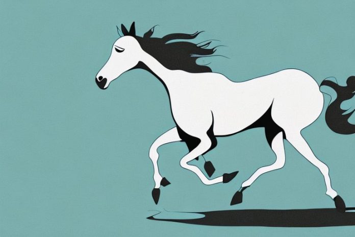 A thoroughbred horse galloping in a desert landscape
