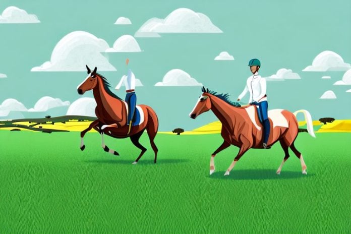 A horse and rider galloping across a grassy field in the springbok countryside