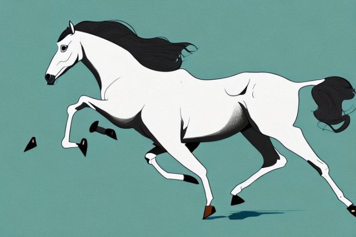 A thoroughbred horse galloping through a rural landscape
