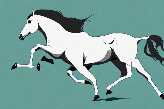 A thoroughbred horse galloping through a rural landscape