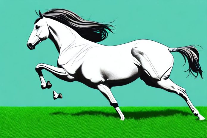 A thoroughbred horse galloping through a grassy field in stilfontein