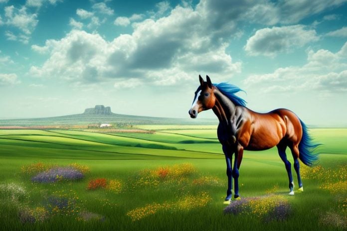 A thoroughbred horse in a field with a view of the brits landscape in the background
