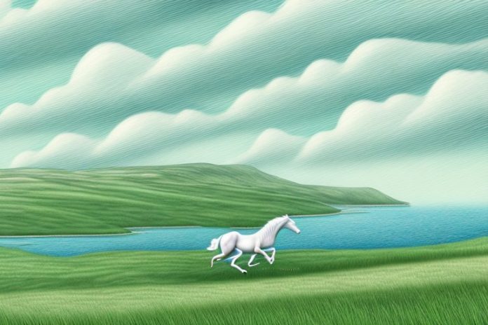 A horse galloping across a landscape of rolling hills and sea views in orkney