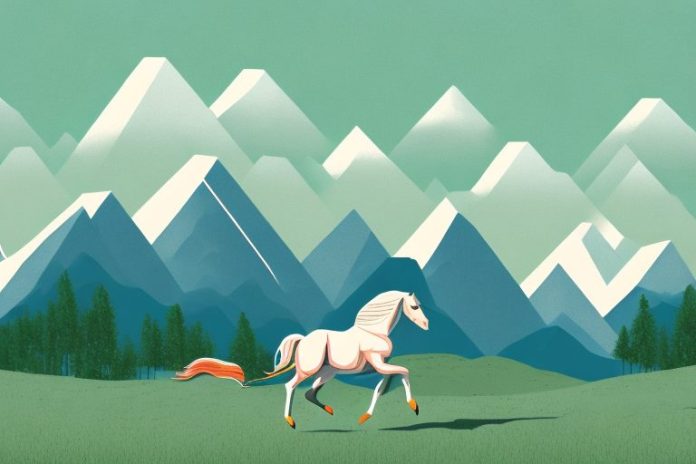 A horse galloping through a rural landscape with mountains in the background