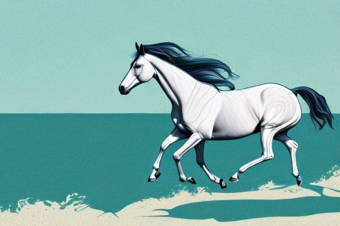 A thoroughbred horse galloping through a coastal landscape in mossel bay