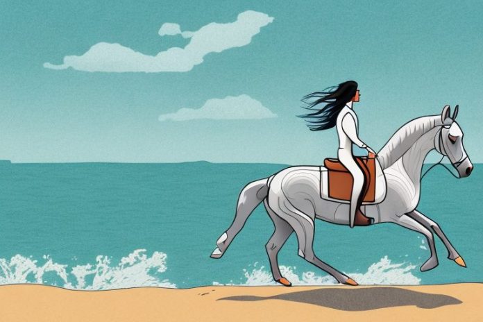 A horse and rider galloping along a beach in simon's town