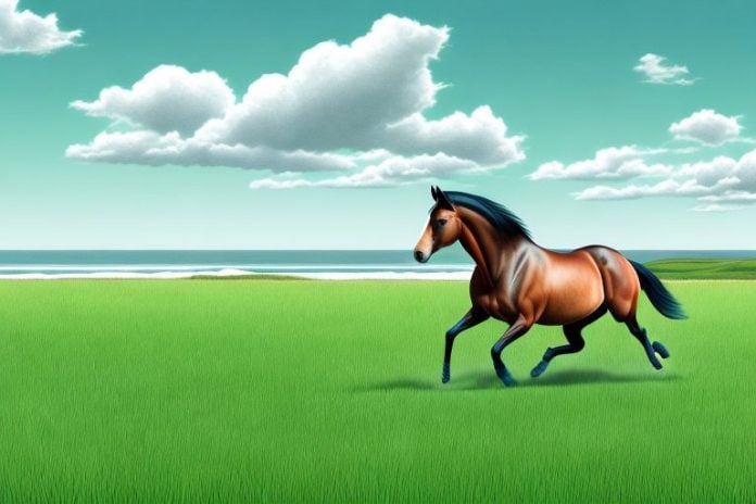 A morgan horse galloping through a grassy field with a backdrop of the richards bay coastline