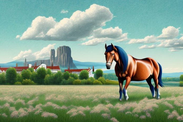 A morgan horse in a field with ladysmith in the background
