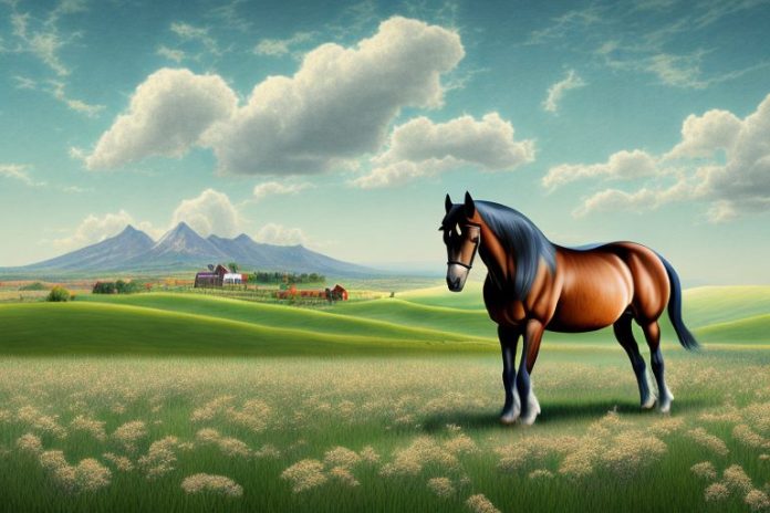 A morgan horse in a field with a westville landscape in the background