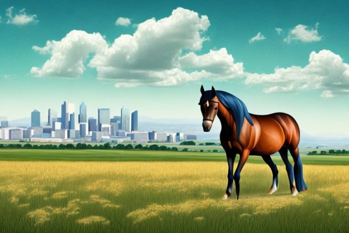 A morgan horse in a field with a view of the mthatha skyline in the background
