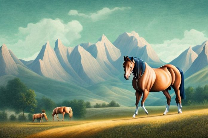 A morgan horse in a rural landscape with mountains in the background