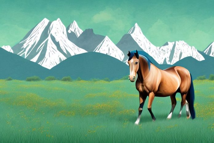 A morgan horse in a field of grass with a backdrop of mountains in bela-bela
