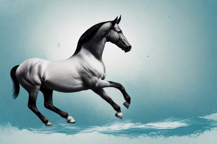 A morgan horse galloping through a white river