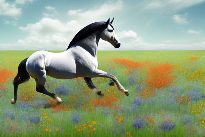 A morgan horse galloping through a field of wildflowers in stilfontein