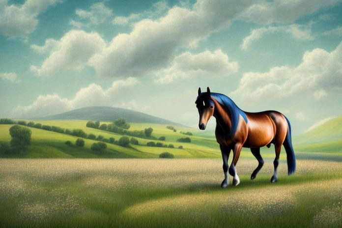 A morgan horse in a field with british countryside scenery